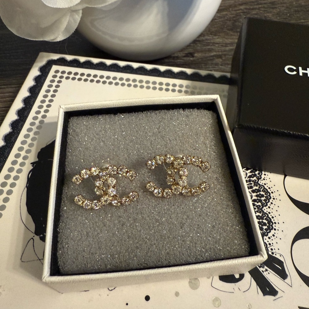 CHANEL Vintage Large Gold Crystal CC Earrings